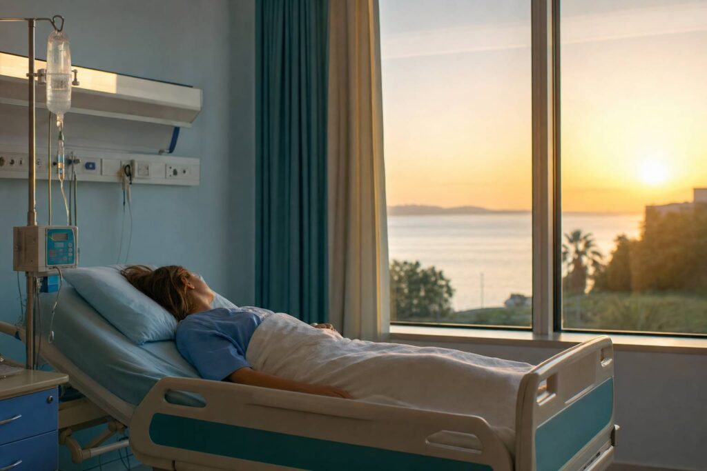Patient in hospital bed with IV drip medical equipment calm clinical atmosphere