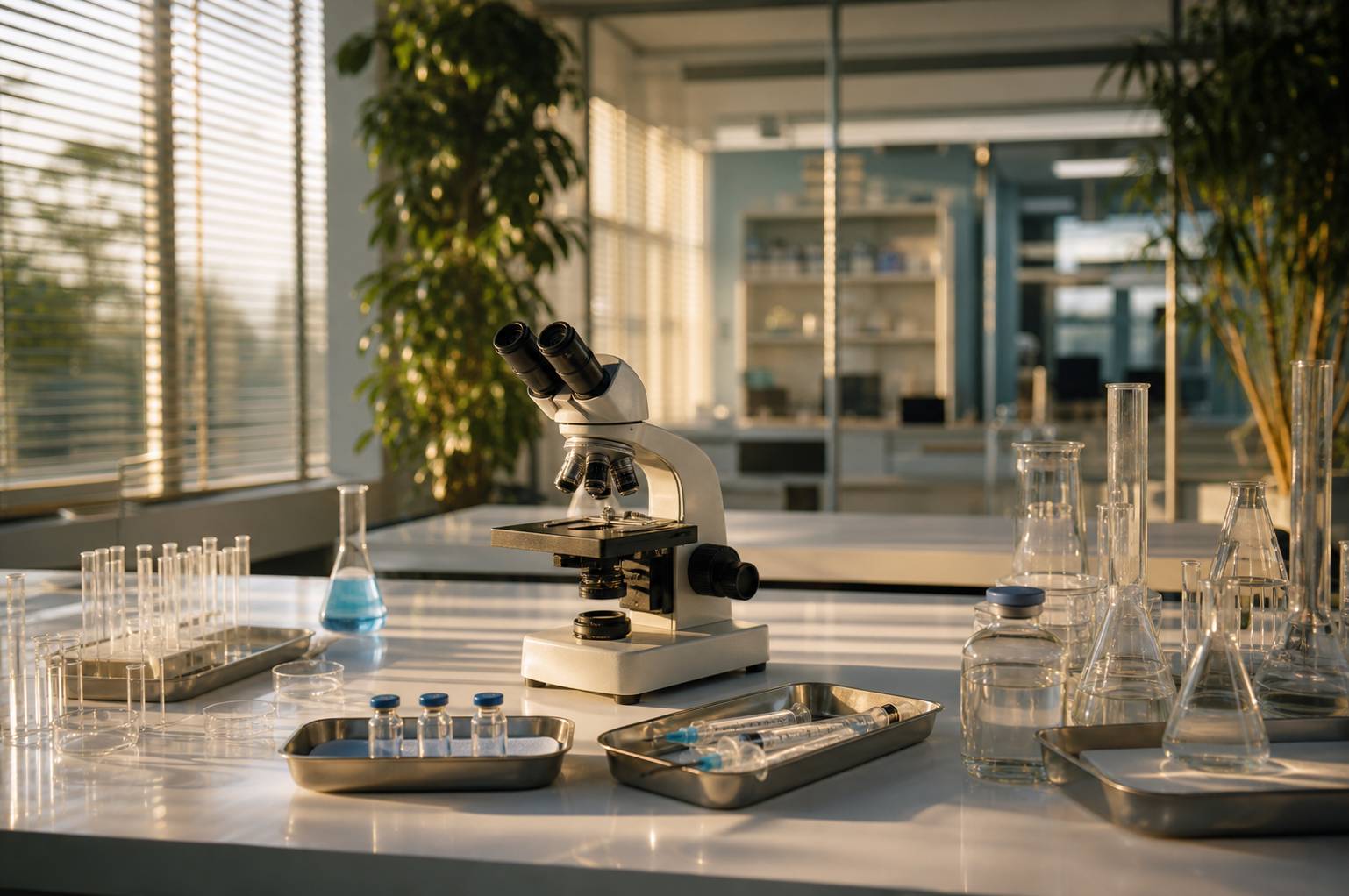 Microscope et equipement medical sur table de laboratoire recherche scientifique