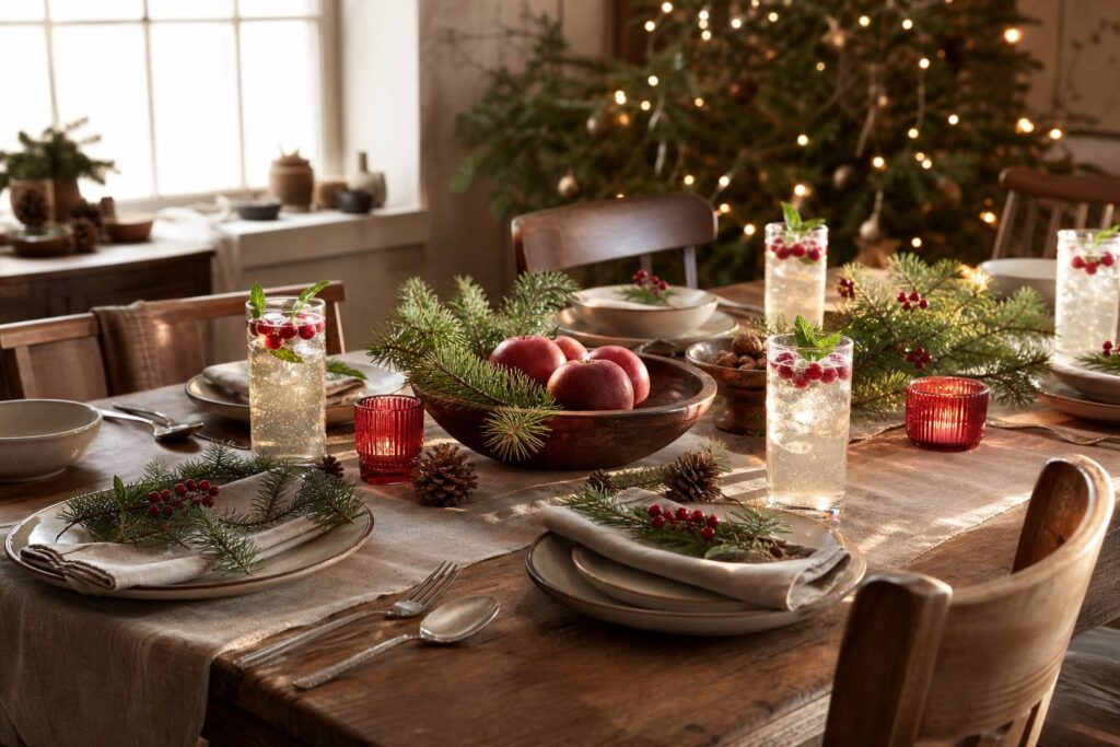Table de Noel festive avec des boissons petillantes sans alcool dans des verres, canneberges et menthe