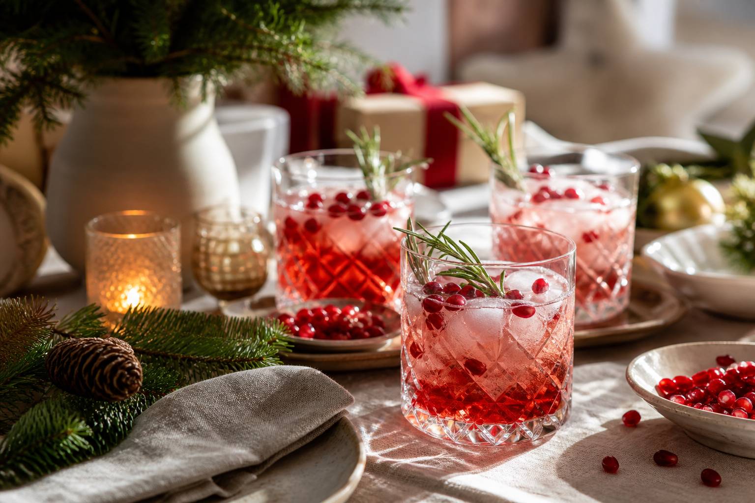 Cocktails elegants sans alcool dans des verres en cristal, garnis de grenade et romarin, decorations de Noel