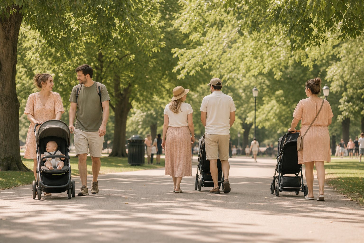 Parc avec familles et poussettes en promenade estivale