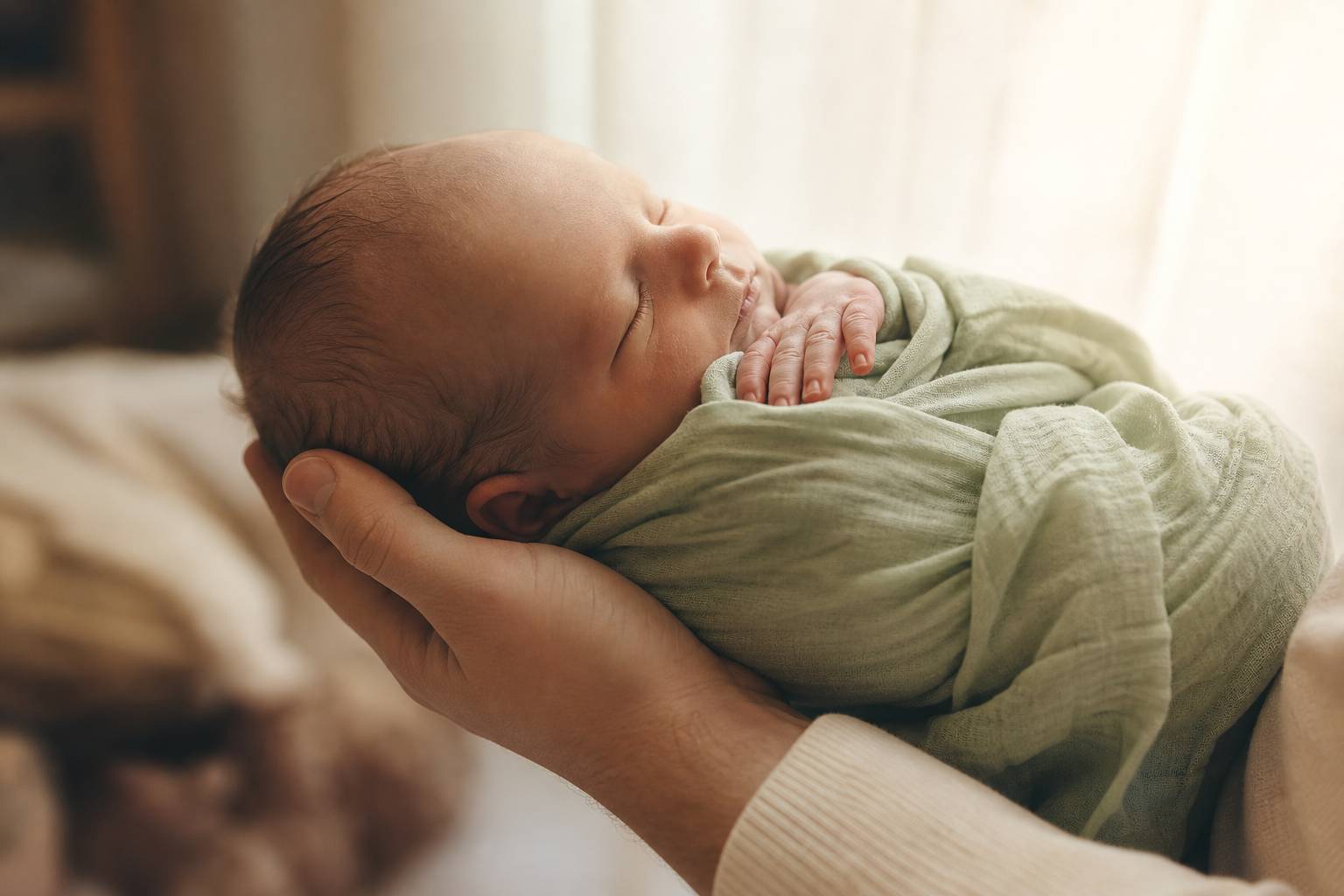Parent hands holding a swaddled newborn baby, close-up on tiny baby hands