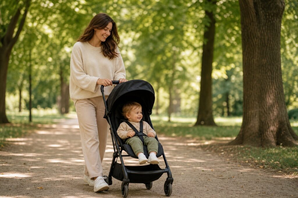 Parent se promenant avec poussette dans un parc arboré paisible