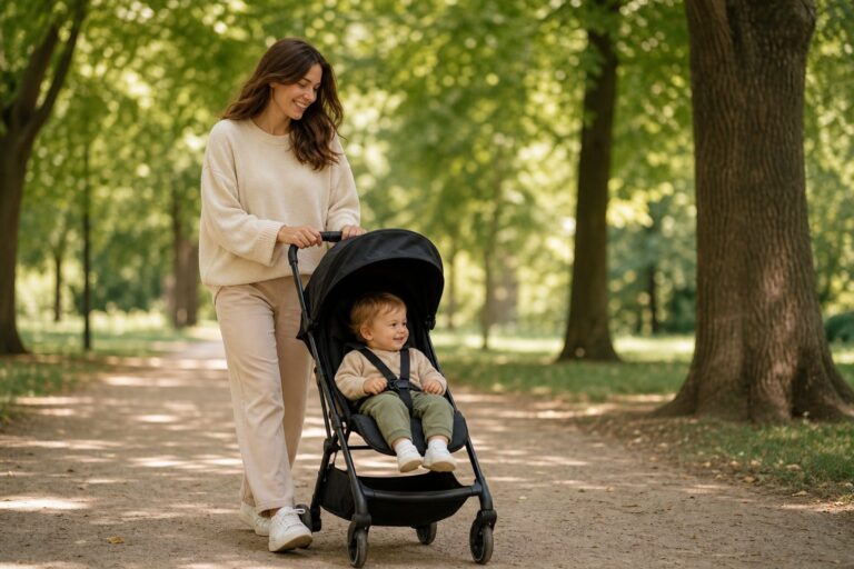 Parent promenant une poussette dans un parc ensoleillé et arboré