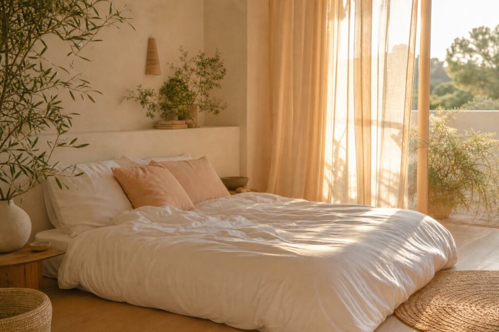 Chambre romantique minimaliste aux tons crème et pêche avec literie blanche froissée