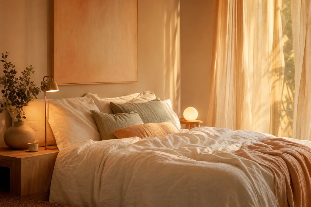 Chambre élégante et romantique aux tons crème ambiance tamisée soir