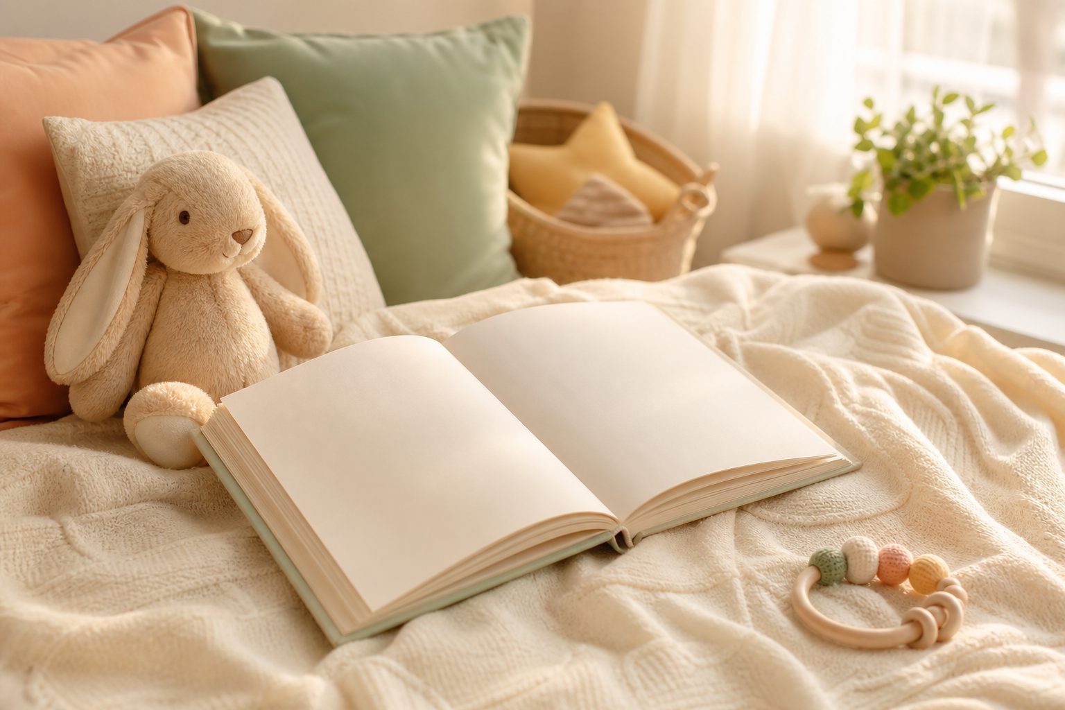 Livre sur les prenoms ouvert sur une couverture douce dans un coin bebe