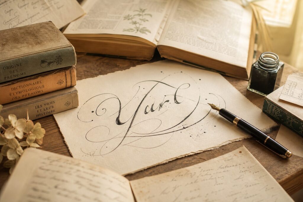 Calligraphie du prenom Yuri en francais sur papier ancien avec plume et livres