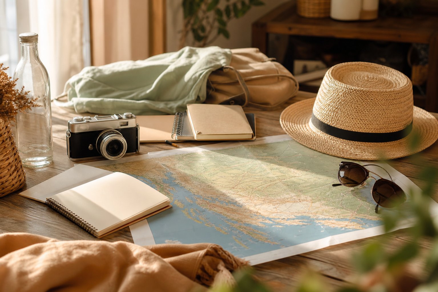Table de préparation de road trip avec carte de Croatie et guides