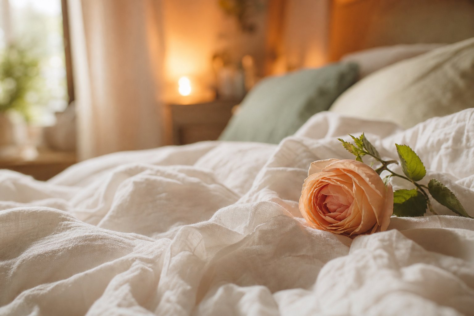 Rose thé déposée sur draps en lin blanc froissés ambiance romantique tamisée