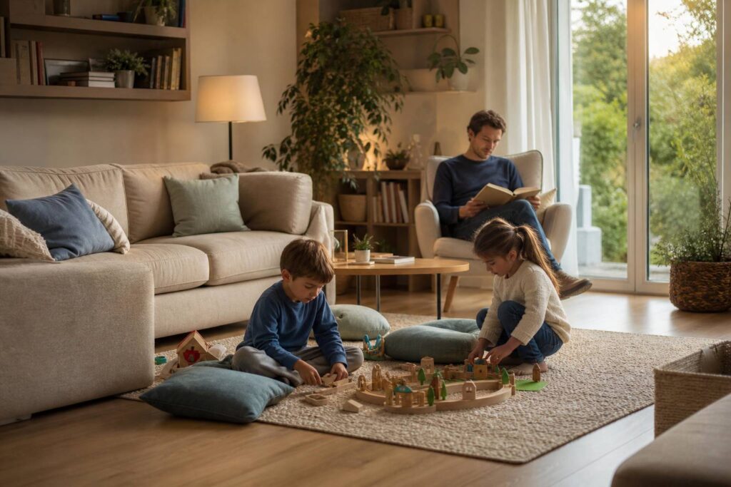 Salon familial chaleureux enfants jouant parent lisant ambiance garde alternee