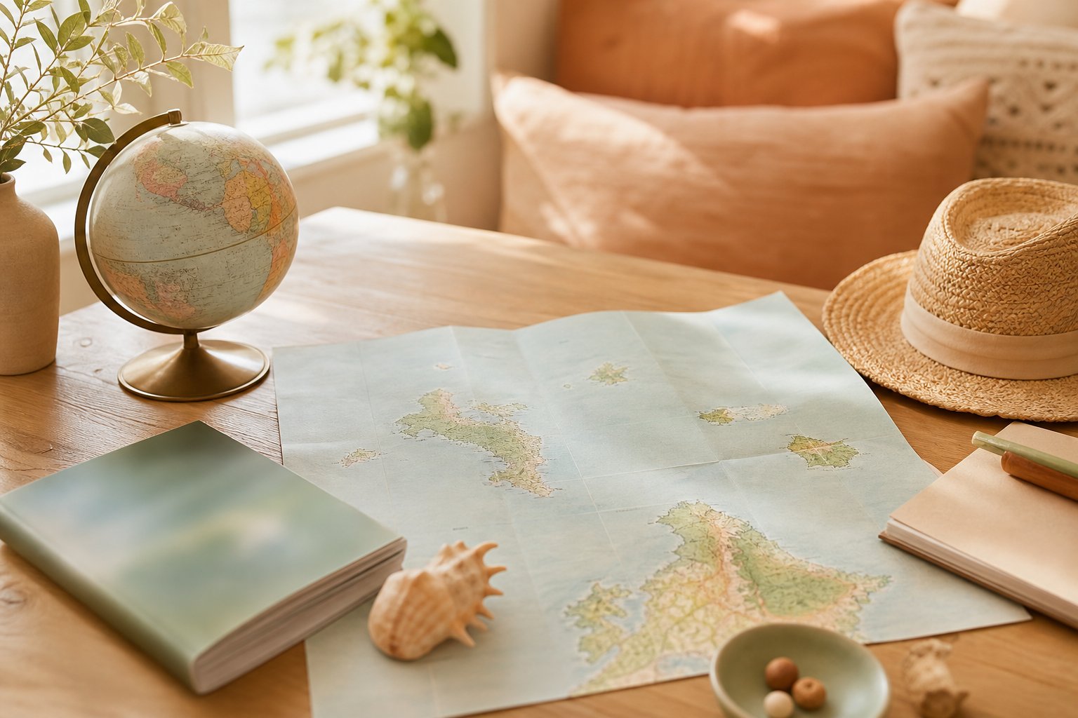 Table d'exploration avec globe terrestre, carte et guide de voyage