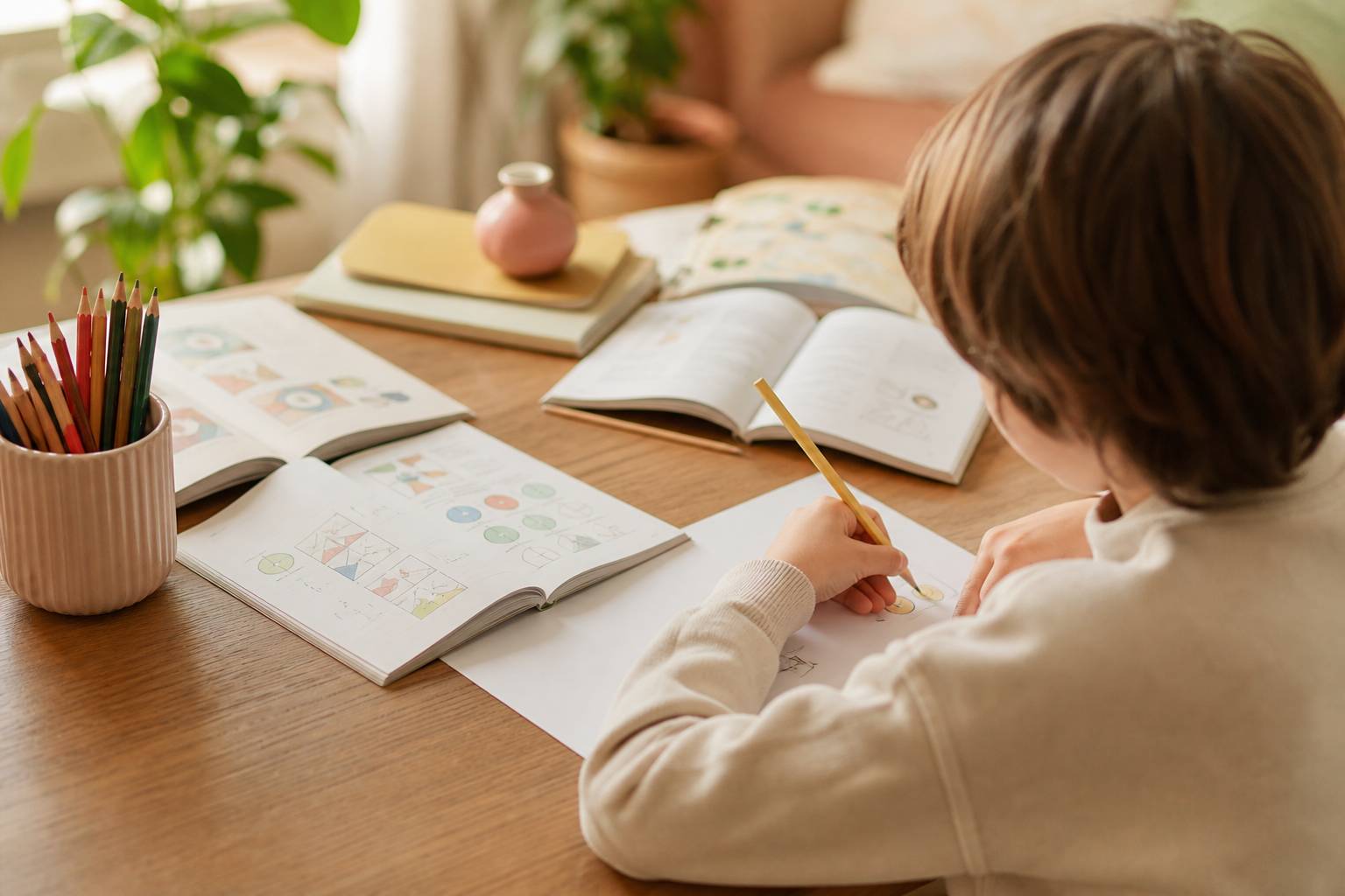Petite main dessinant sur une table en bois avec livres et crayons, ambiance éducative