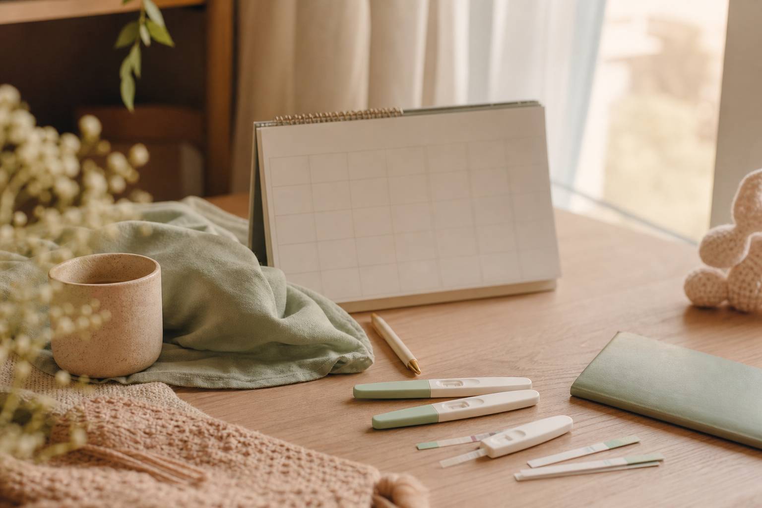 Tests d ovulation poses sur table avec calendrier et stylo, lumiere naturelle