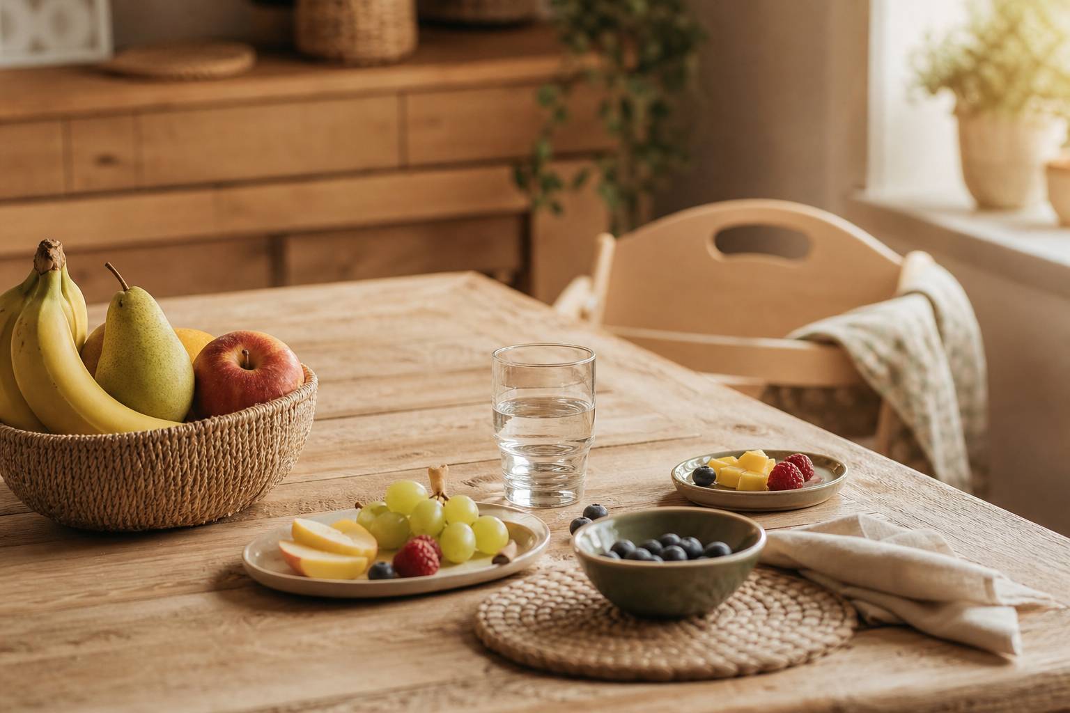 Fruits frais et verre d'eau sur table en bois, nutrition infantile saine