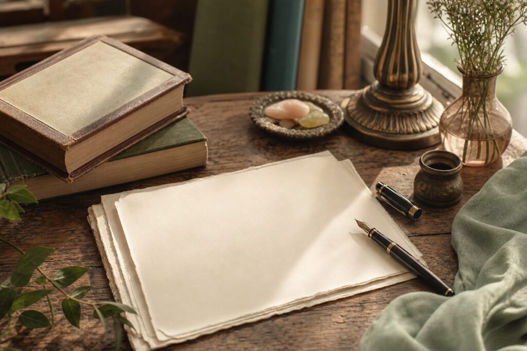 Calligraphie du prenom Yuri au stylo plume sur papier ancien avec livres d etymologie