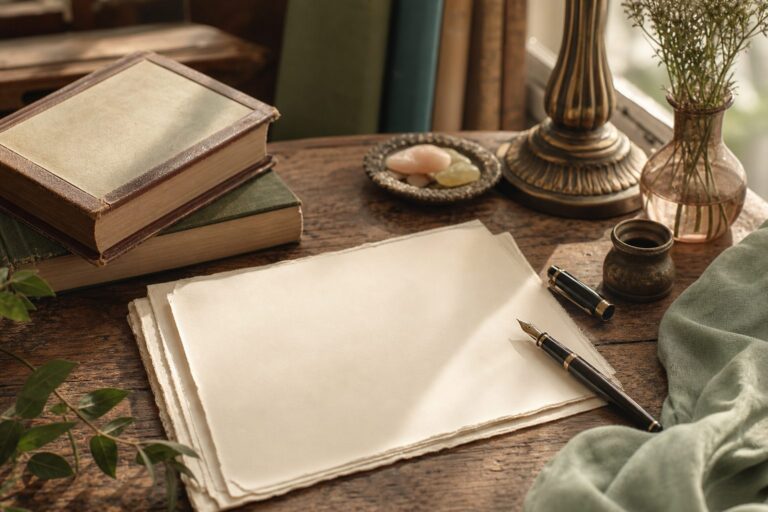 Calligraphie du prenom Yuri au stylo plume sur papier ancien avec livres d etymologie