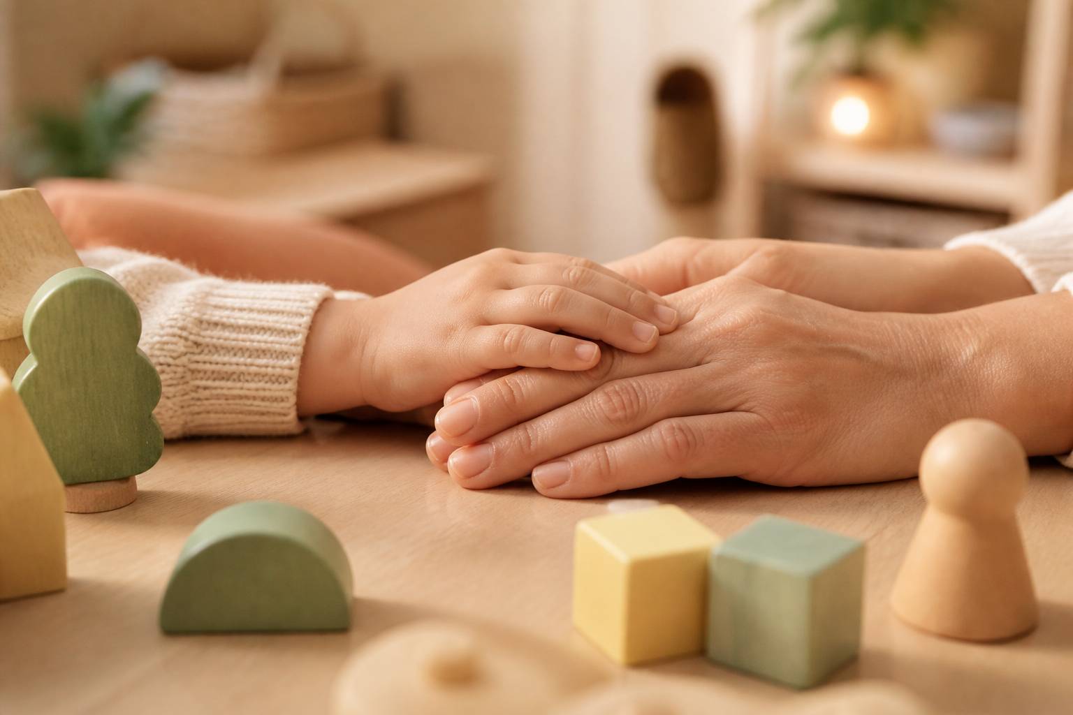 Mains d'adulte et d'enfant posées ensemble sur une table en bois
