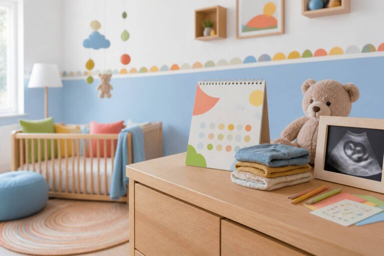 Calendrier illustré générique et petits vêtements de bébé dans une chambre lumineuse