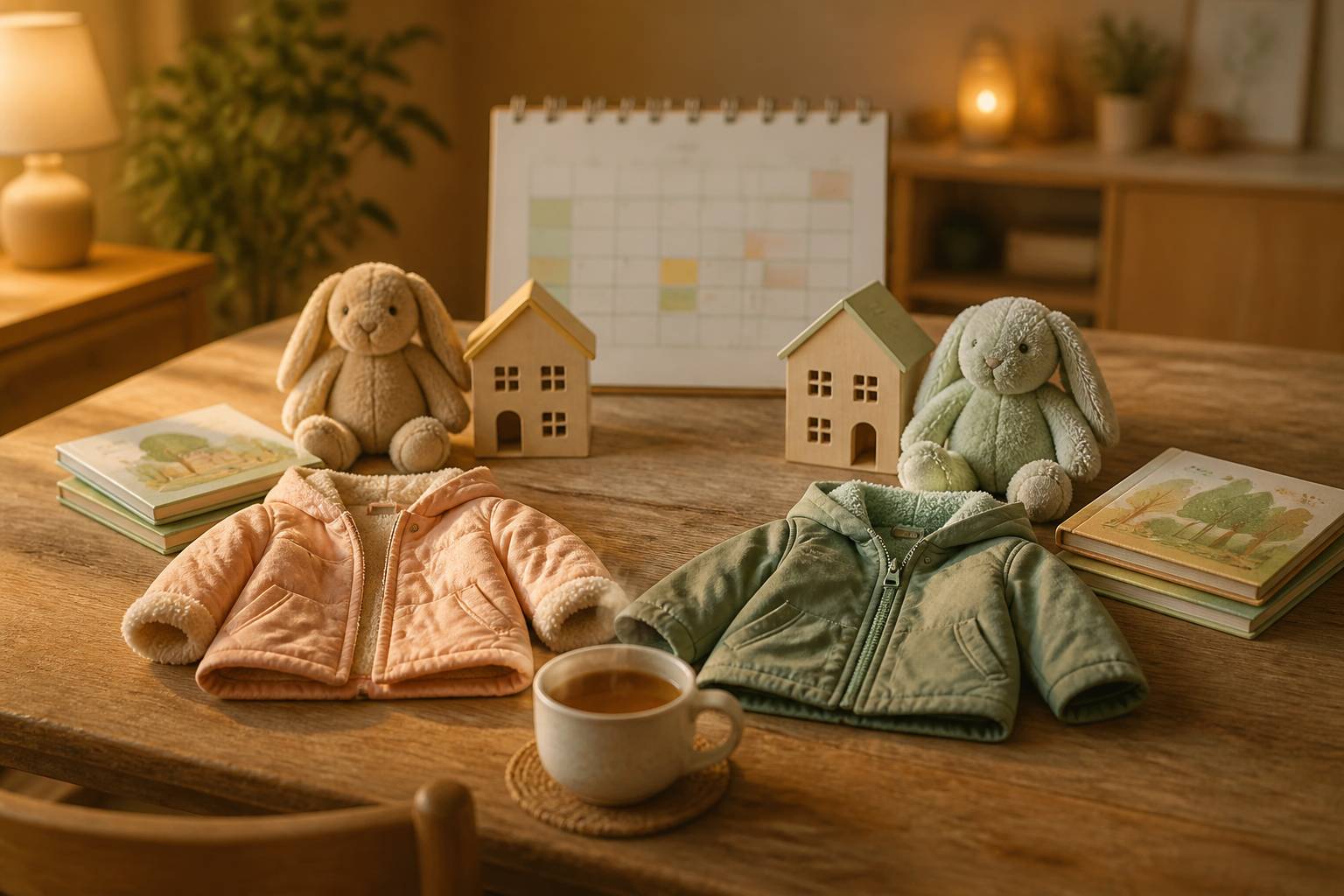 Table familiale avec calendrier flou et affaires d'enfant en double