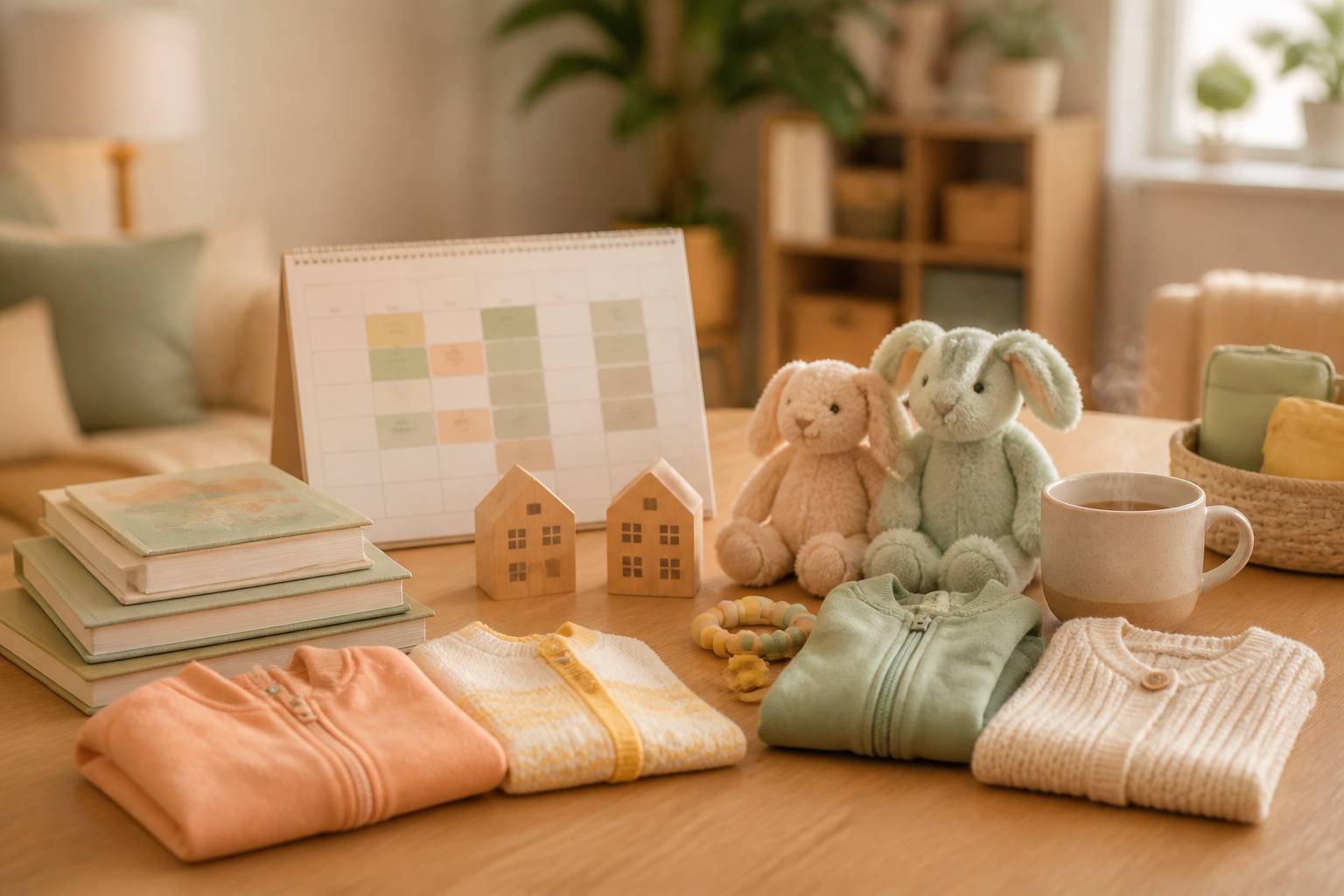 Table familiale avec calendrier flou et affaires d'enfant en double