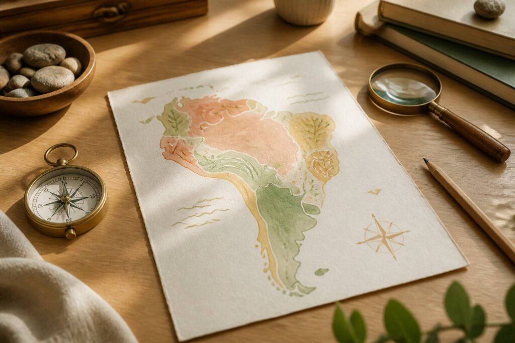 Carte illustrée d'Amérique du Sud avec boussole et loupe