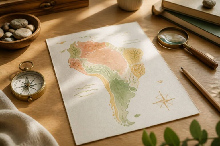 Carte illustrée d'Amérique du Sud avec boussole et loupe