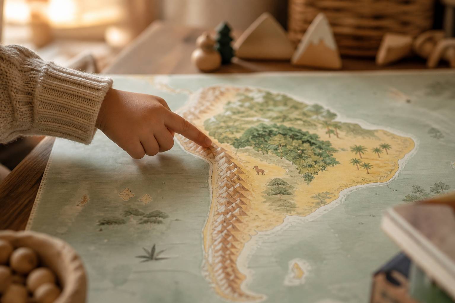 Main d'enfant pointant les Andes et l'Amazonie sur une carte