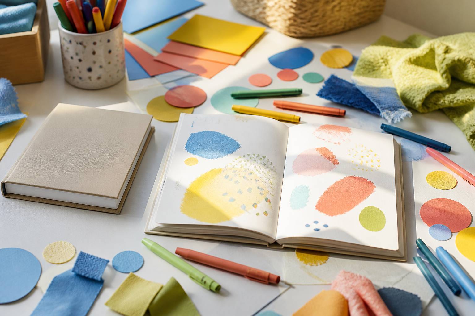 Carnet ouvert et stylos sur une table pour choisir un prénom de bébé