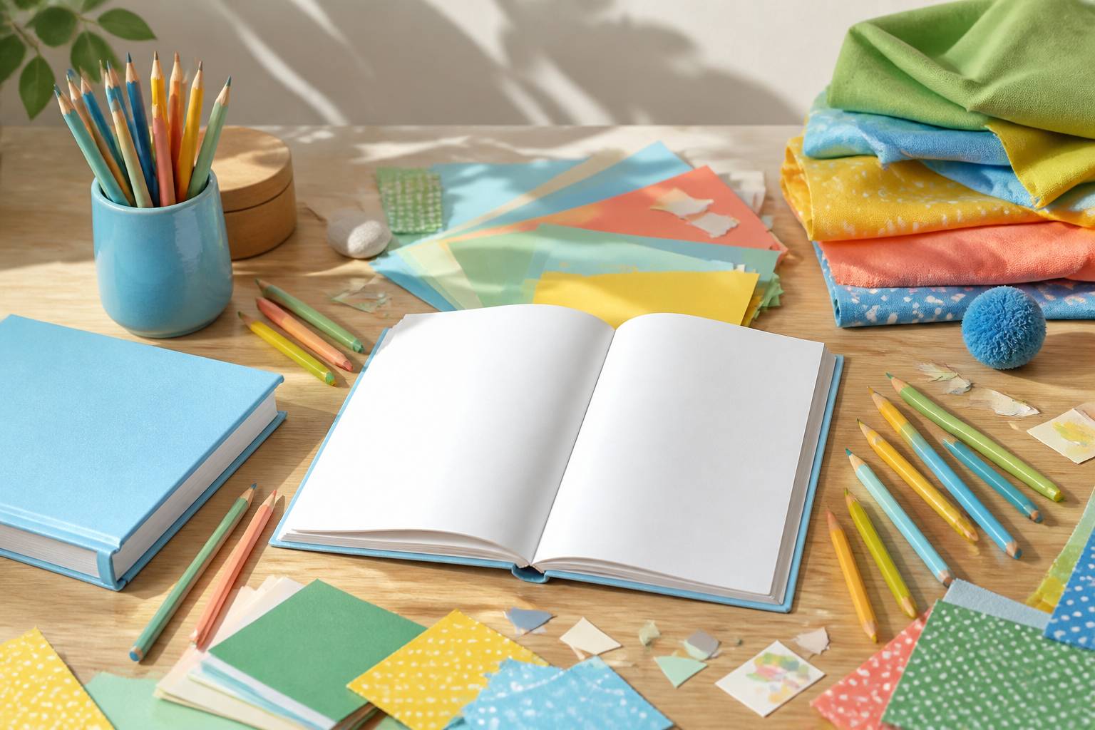 Open notebook and colored pencils on a table for choosing a baby name