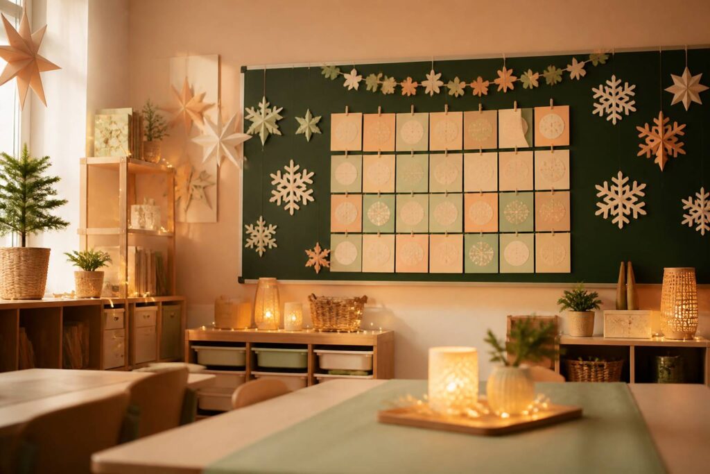 School blackboard with a winter calendar and paper stars