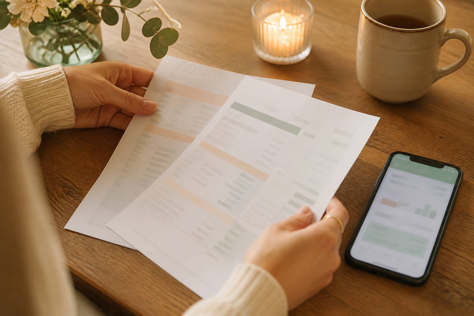 Mains comparant des relevés bancaires avec un smartphone sur une table