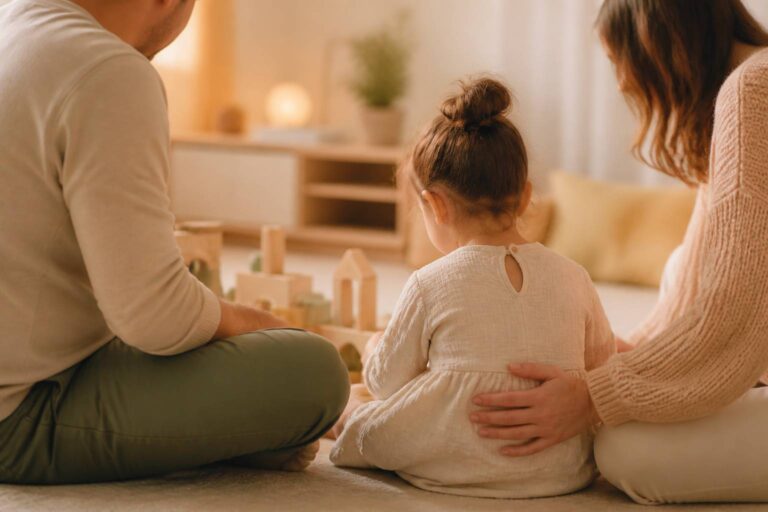 Petite fille vue de dos avec ses parents dans un salon chaleureux