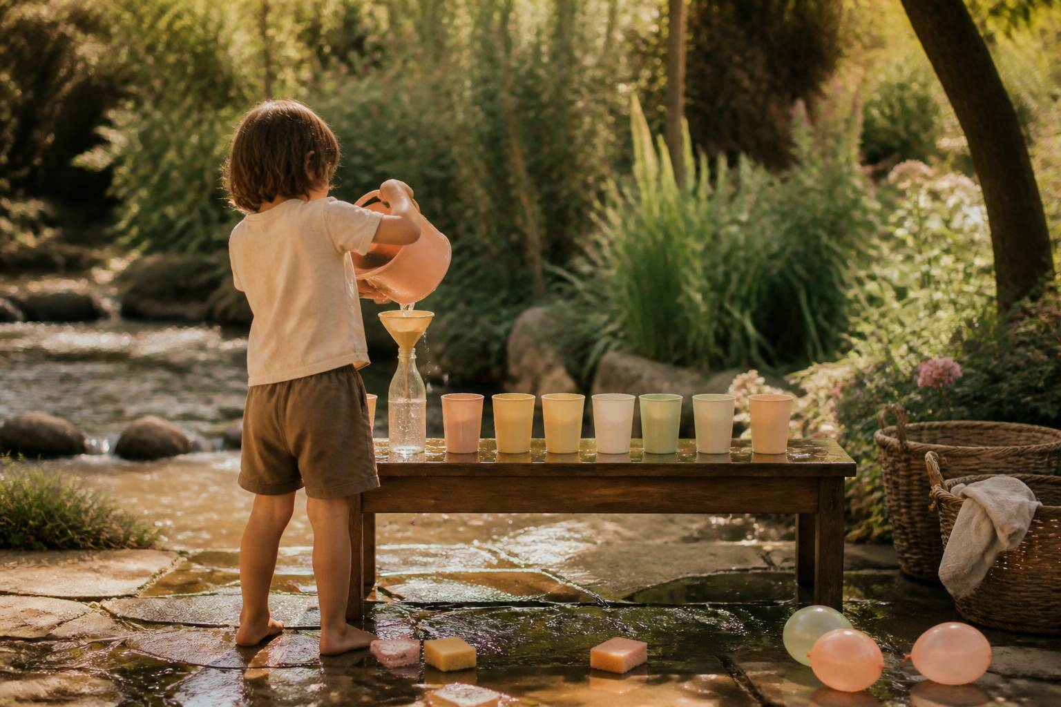 Course d'eau avec gobelets et entonnoir dans un jardin d'été