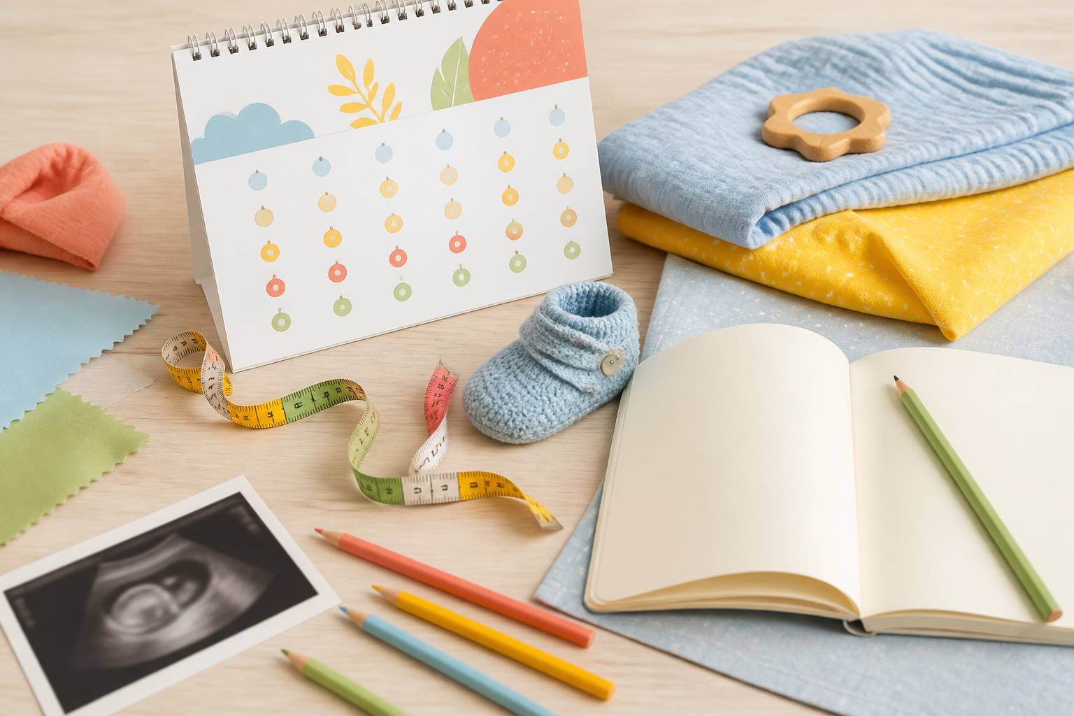 Image d'échographie floue, calendrier illustré et chausson de bébé sur une table