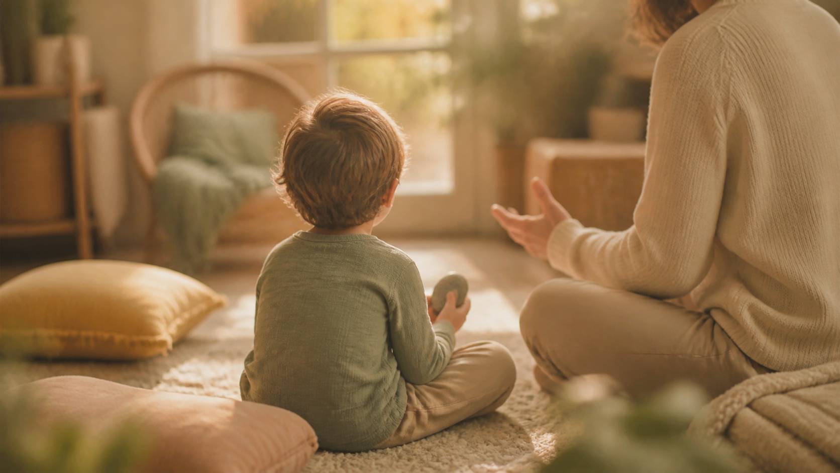 Enfant tenant une pierre ronde avec un parent racontant une histoire