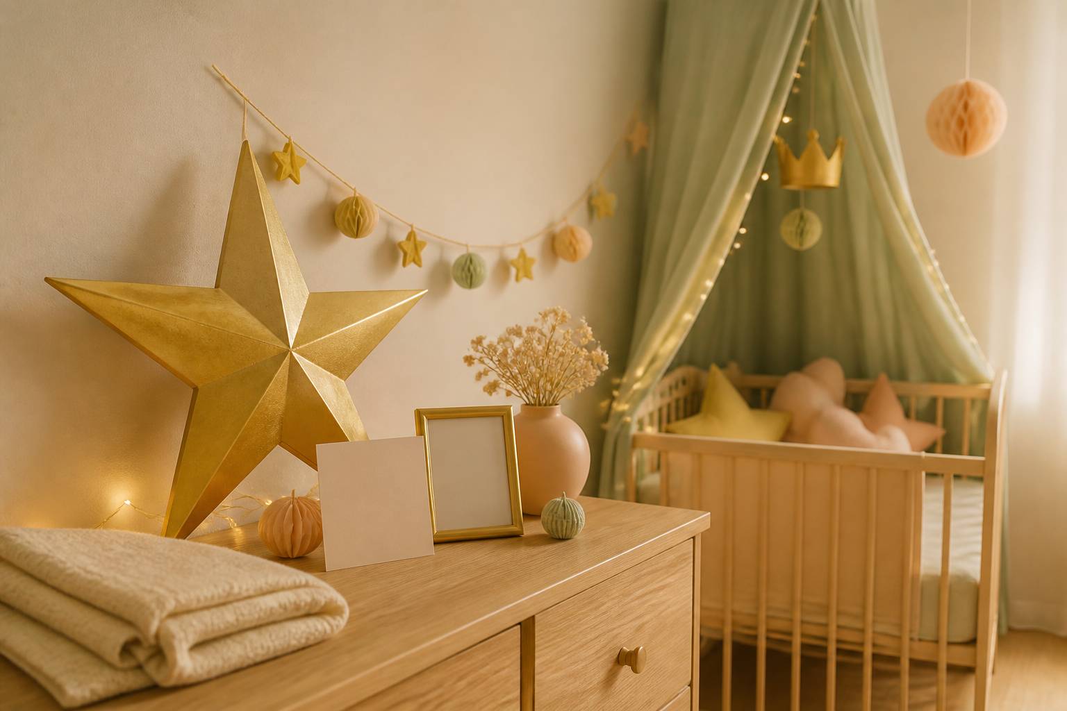 Décoration étoilée et carte de naissance posées dans une chambre douce
