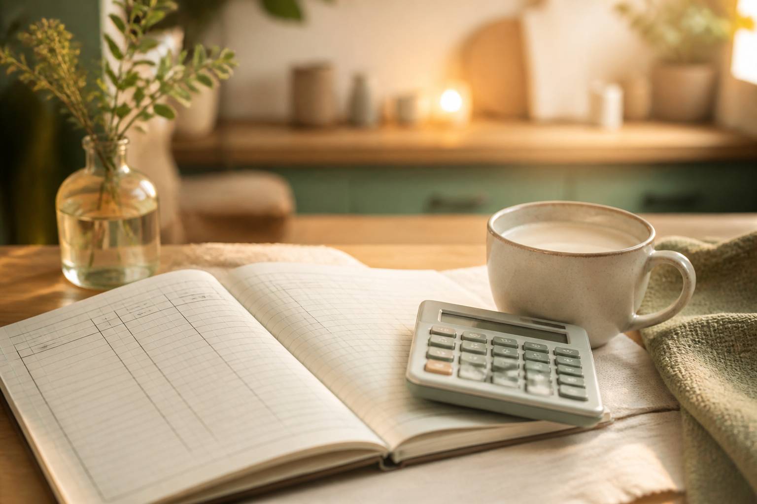 Carnet de budget avec colonnes manuscrites et calculatrice dans une cuisine chaleureuse