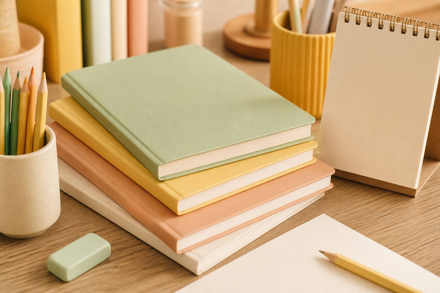 School supplies and a small calendar with unreadable dates on a desk