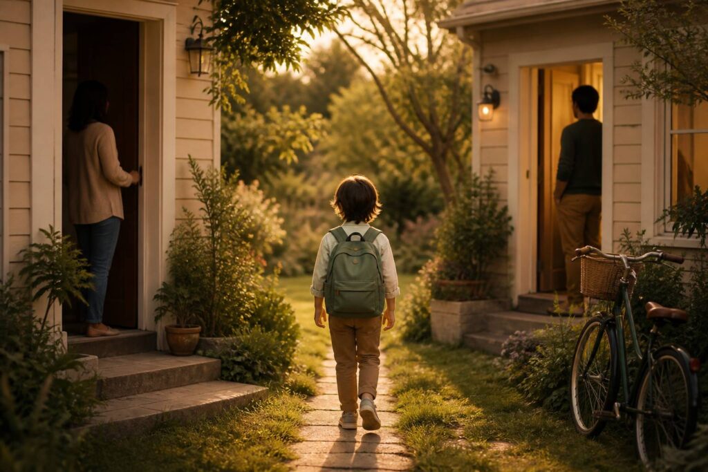 Enfant vu de dos avec un sac à dos marchant entre deux maisons chaleureuses