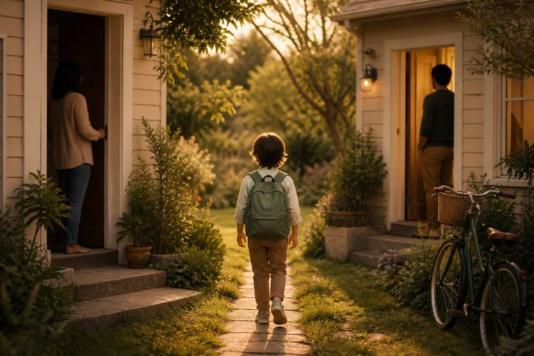 Enfant vu de dos avec un sac à dos marchant entre deux maisons chaleureuses