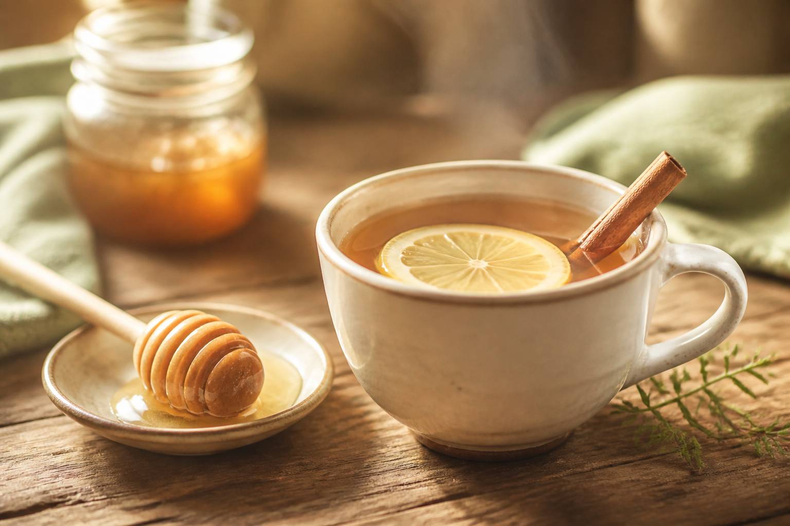 Tasse de grog au miel fumante avec rondelle de citron et bâton de cannelle