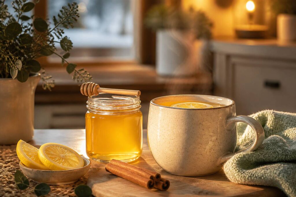 Tasse fumante de grog au miel avec citron et cannelle sur une table d'hiver chaleureuse