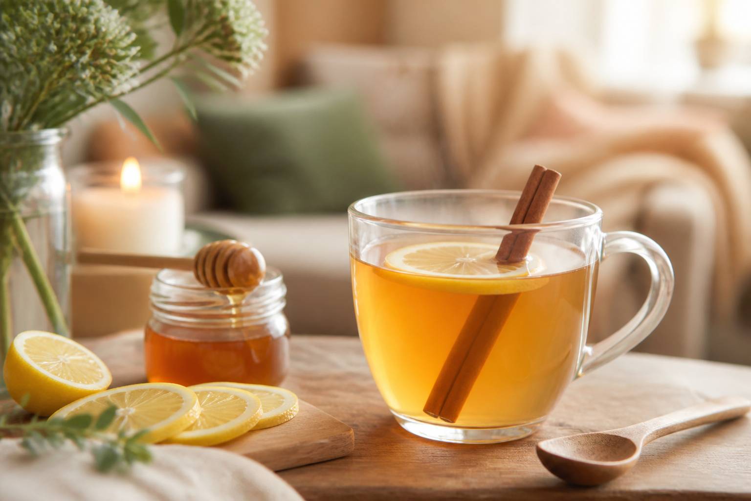 Verre de grog chaud ambré avec citron, cannelle et pot de miel ouvert