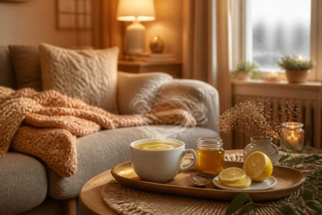 Tasse fumante de grog au miel et citron sur un plateau avec couverture en laine