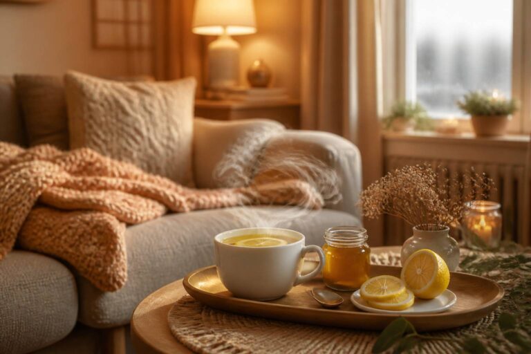 Tasse fumante de grog au miel et citron sur un plateau avec couverture en laine