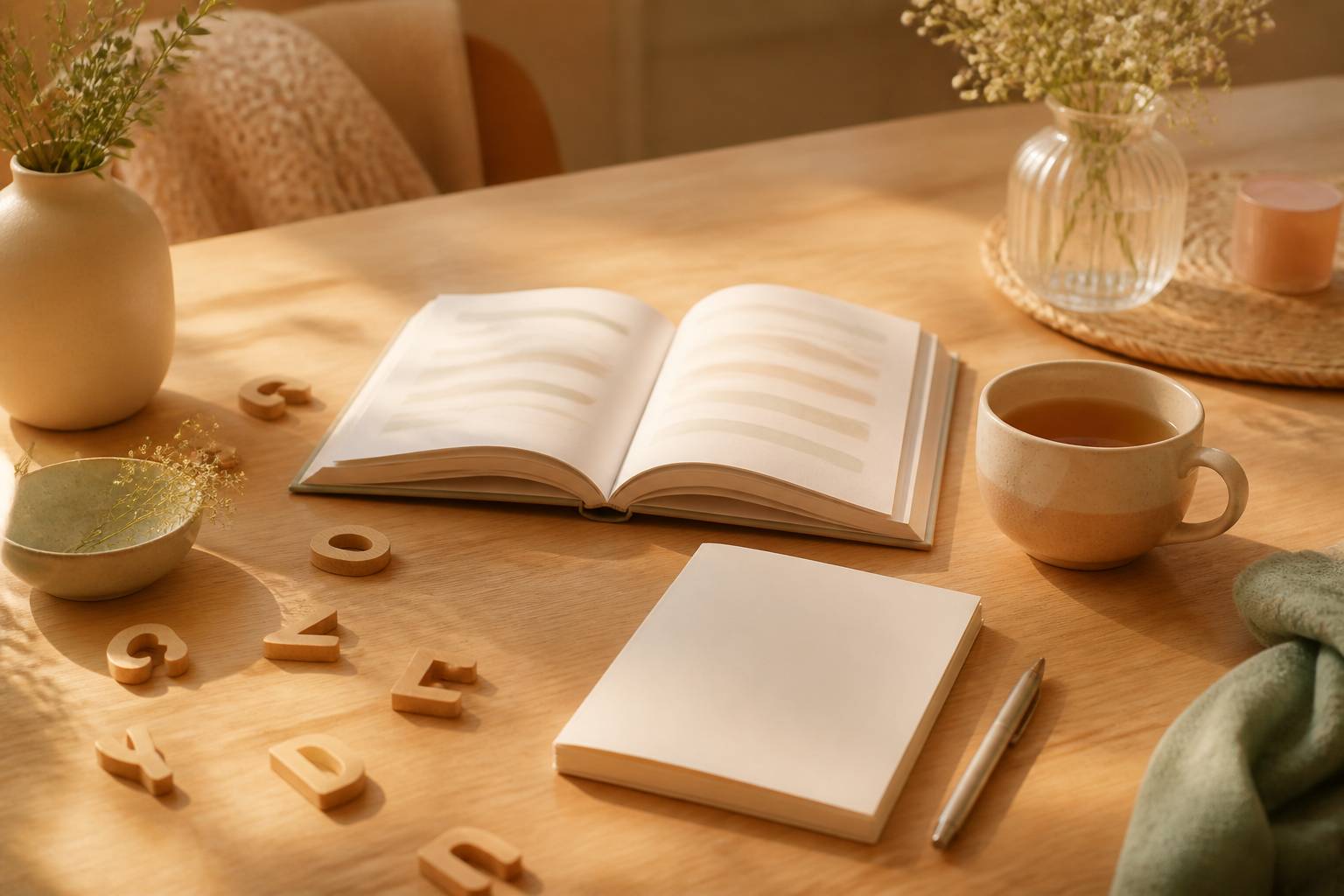 Livre de prénoms, carnet et stylo sur une table familiale