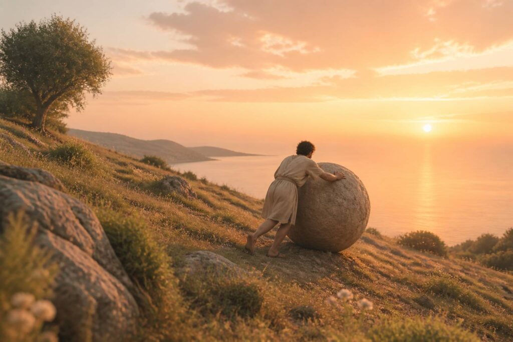 Homme en tunique poussant une grosse pierre sur une colline au coucher du soleil