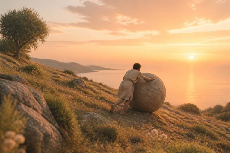 Homme en tunique poussant une grosse pierre sur une colline au coucher du soleil