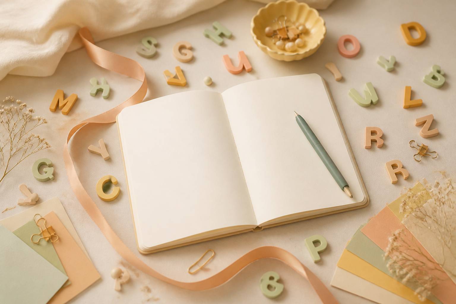 Carnet, stylo et lettres pastel sur une table créative